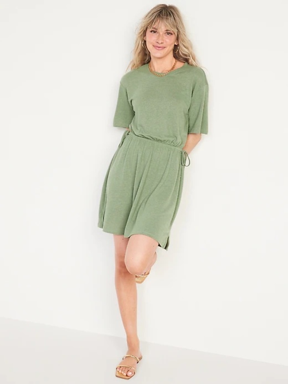 100% Cotton green tshirt dress with tie waist